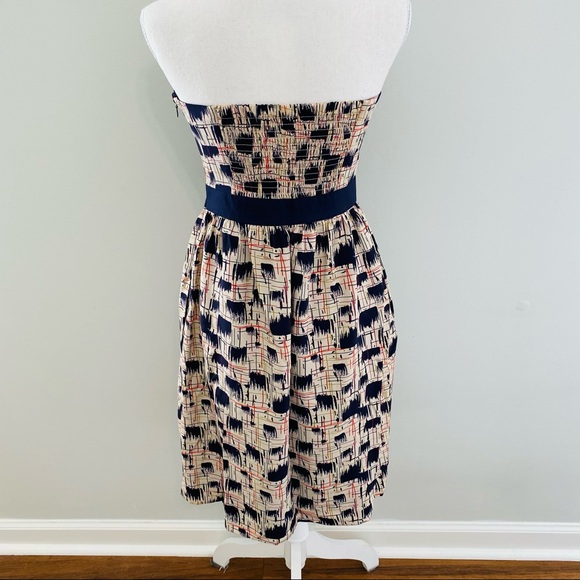 Anthropologie Burlapp Navy Tan Print Strapless 100% Silk Dress Size 4 - Picture 5 of 11